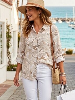 Charter Club Linen Neutral Botanical Roll Tab Long Sleeves Top XL Petite NWT